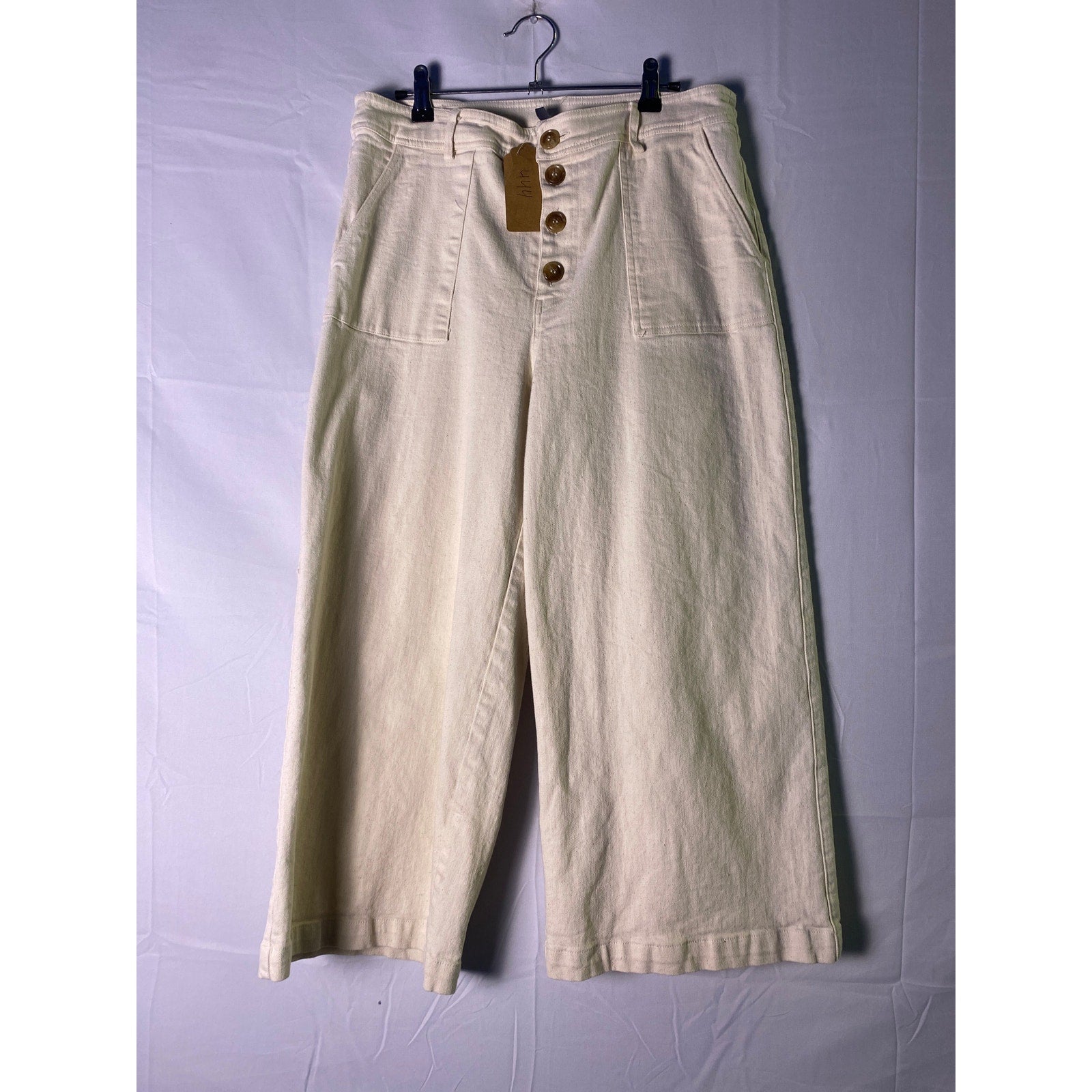 Alya Franchesca's Button Fly Cropped Wide Leg Pants Ivory Women's Size Large