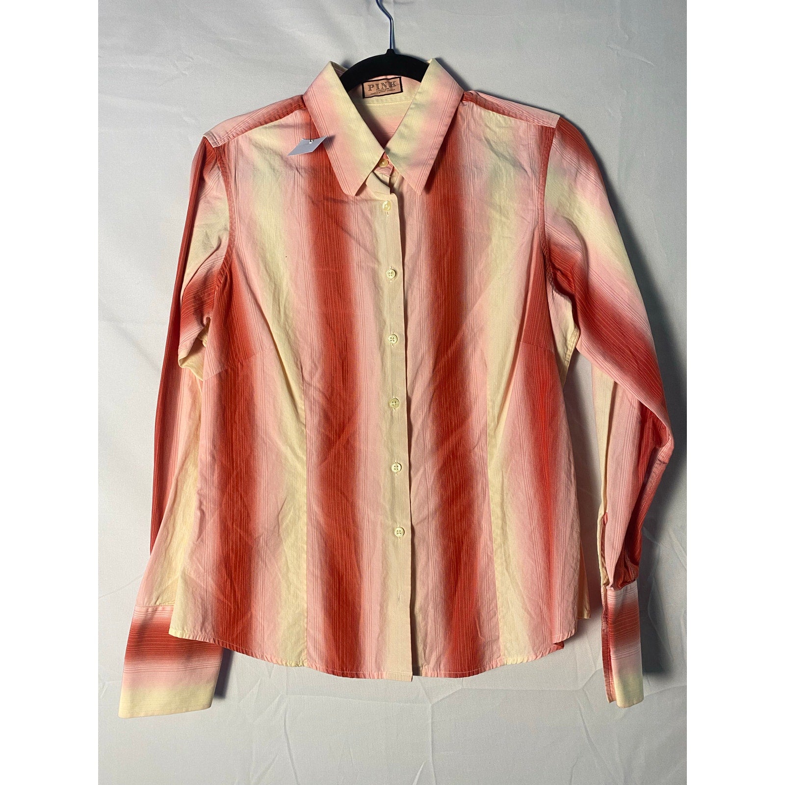 90s-20s Thomas Pink Pink Yellow Striped Cotton Button Up Shirt Long Sleeve Small