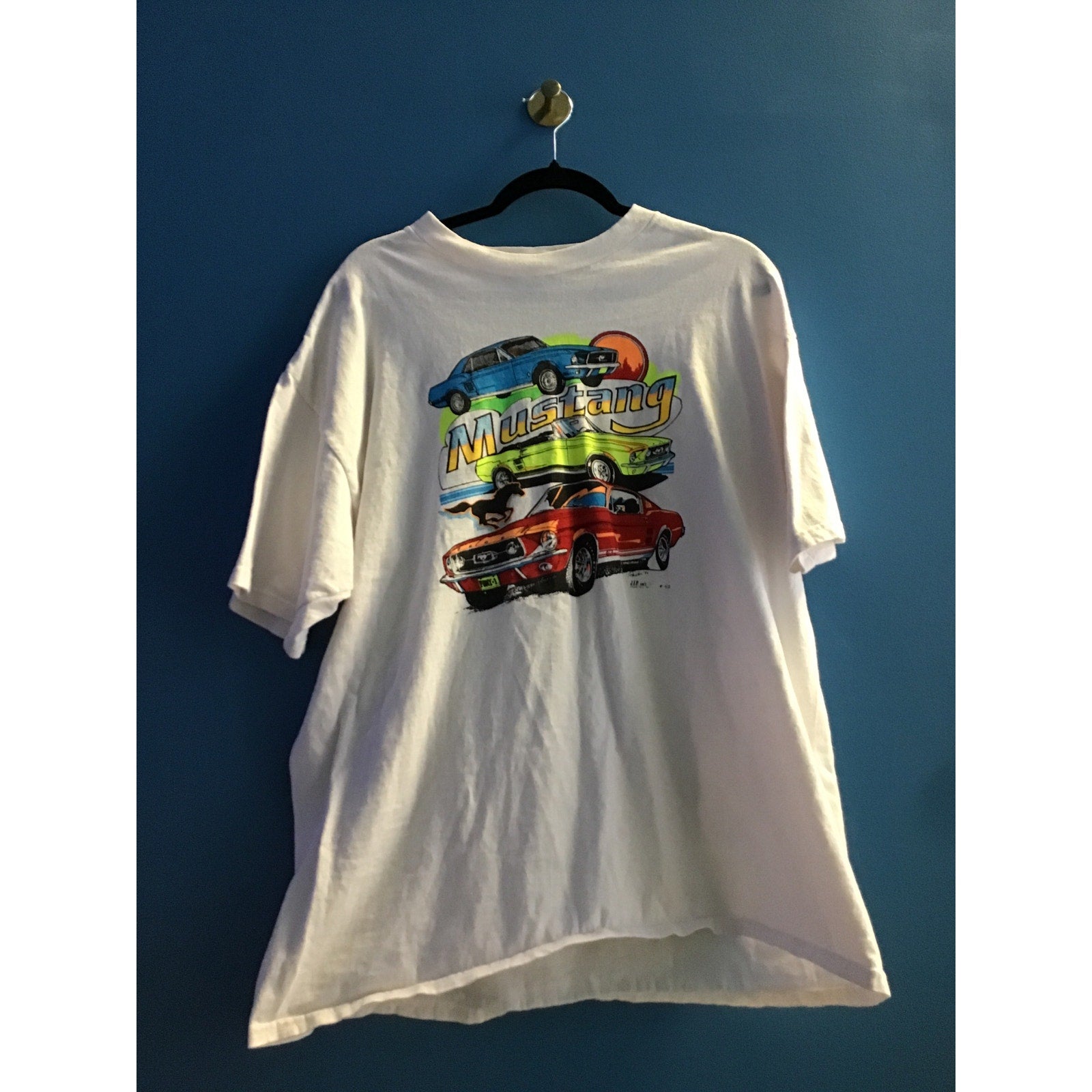 Vintage 90s Hanes Mustang Car Print Shirt White Crew Neck Adult Size XL