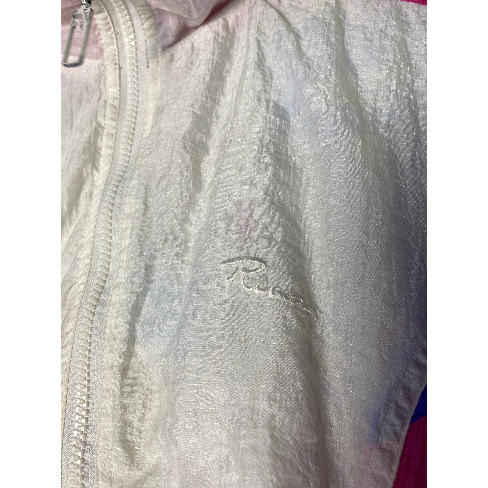 Vintage 80s PUMA White Pink Blue Full Zip Windbreaker Jacket Women's Size Large