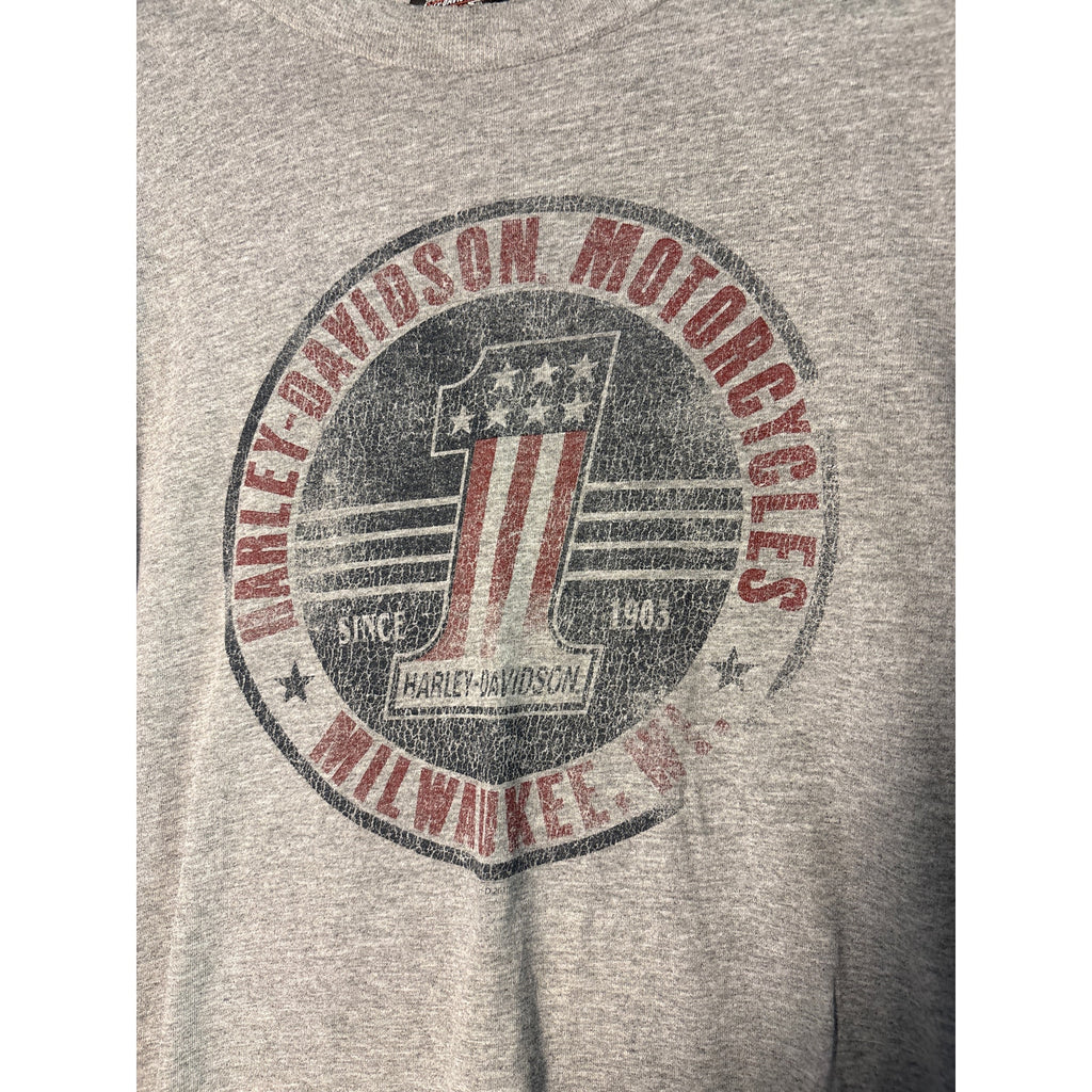 &nbsp;Vintage Harley Davidson Thiel's Wheels Upper Sandusky, OH Gray Shirt Mens Large
