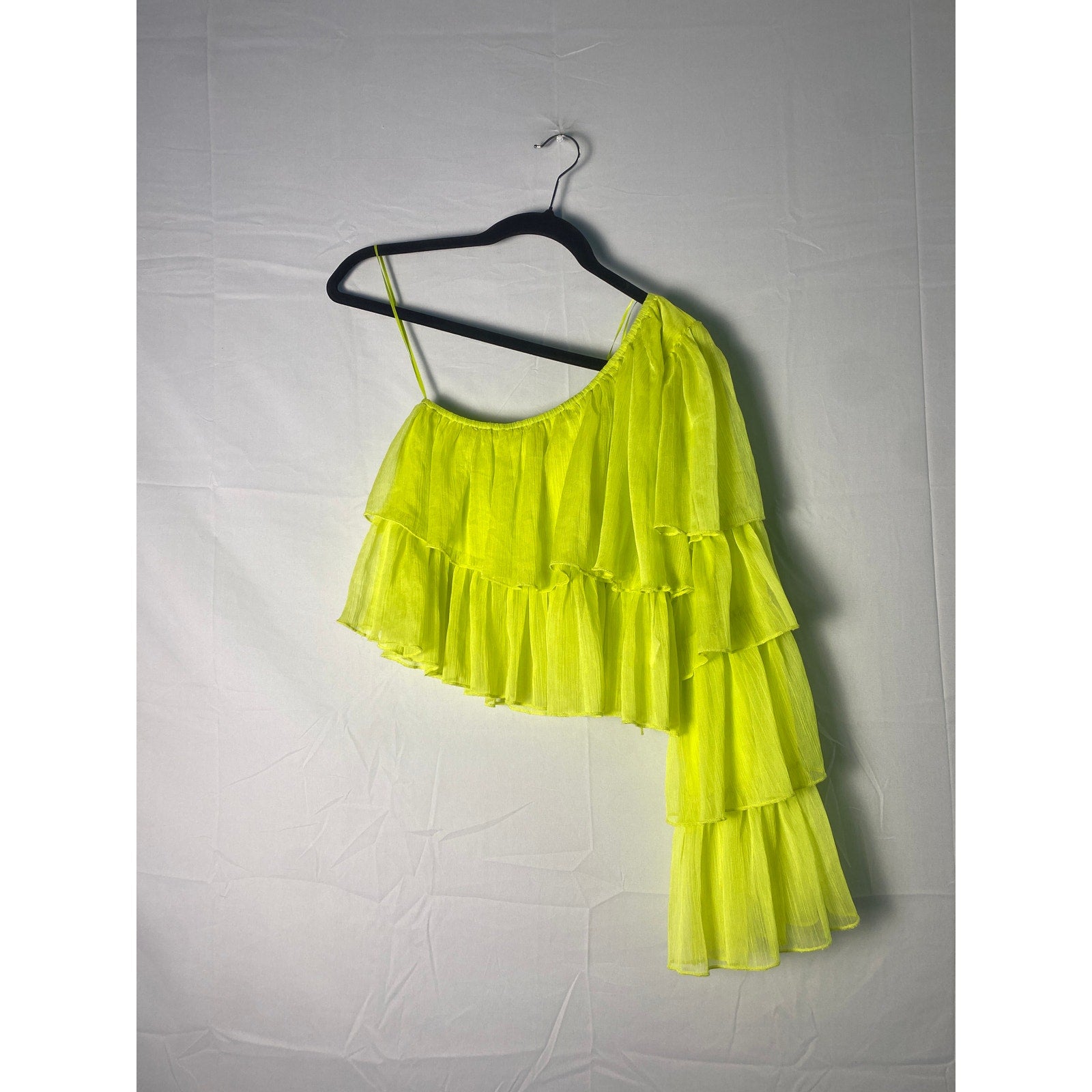 One Shoulder Tiered Sleeve Top Lime Green Women's Size Small