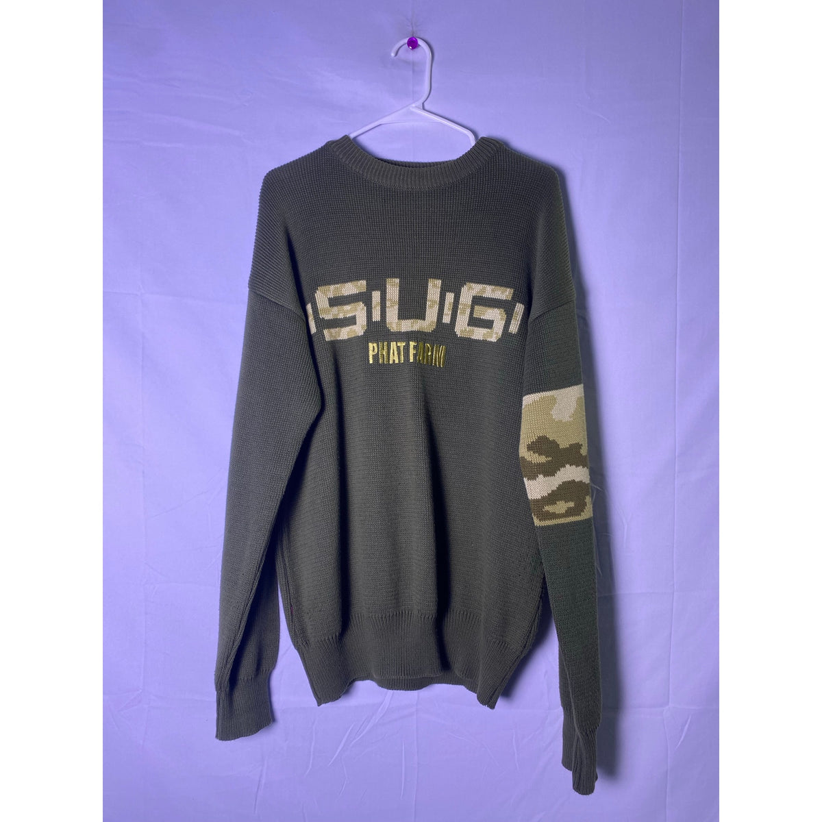 Vintage Phat Farm (SUG) Ribbed Knit Pullover Sweater Green Camouflage Arm Patch Size XL