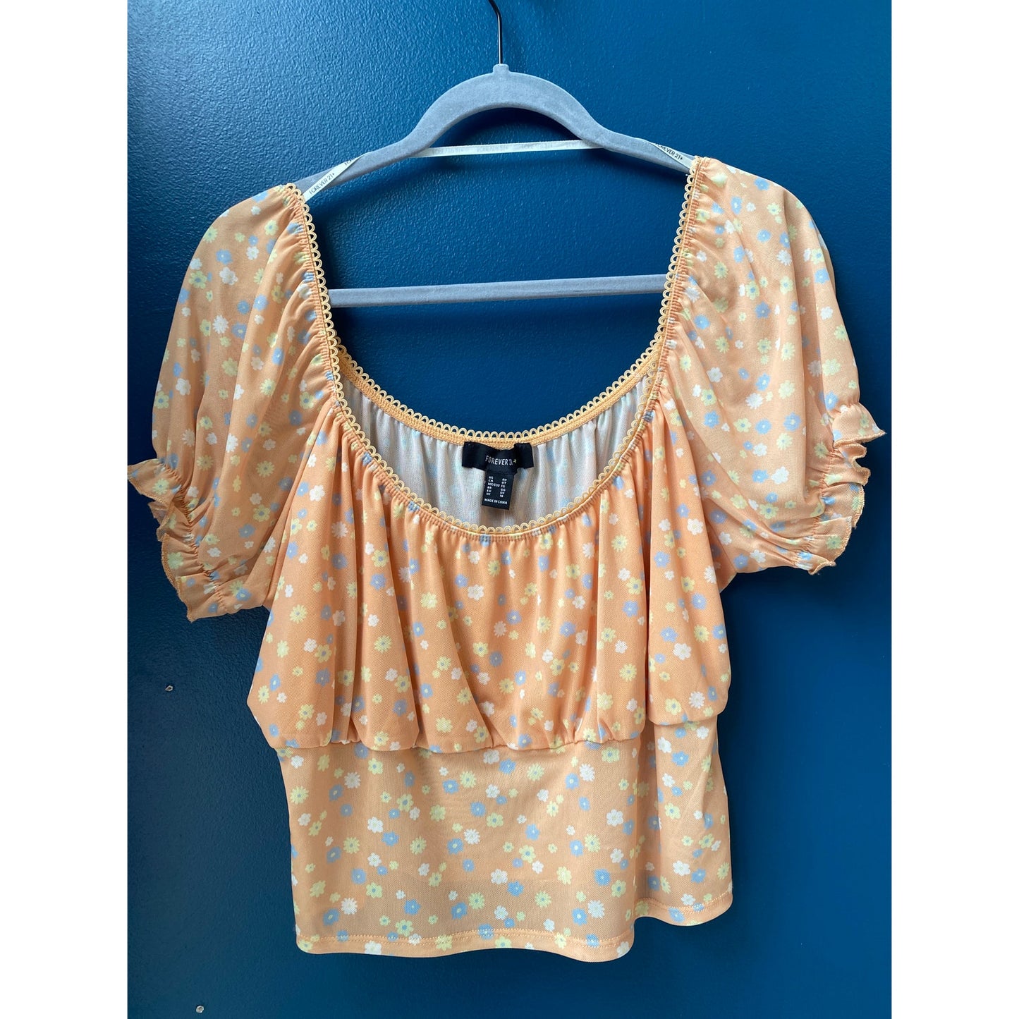 Forever 21 Orange Floral Crop Top Puff Sleeve Women's Size 0X NWT