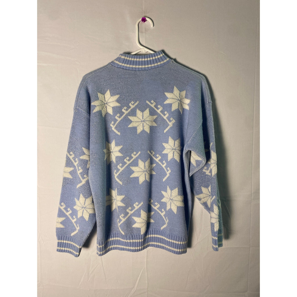 Blue Knit Sweater White Silver Metallic Snowflakes Turtleneck Women's Medium