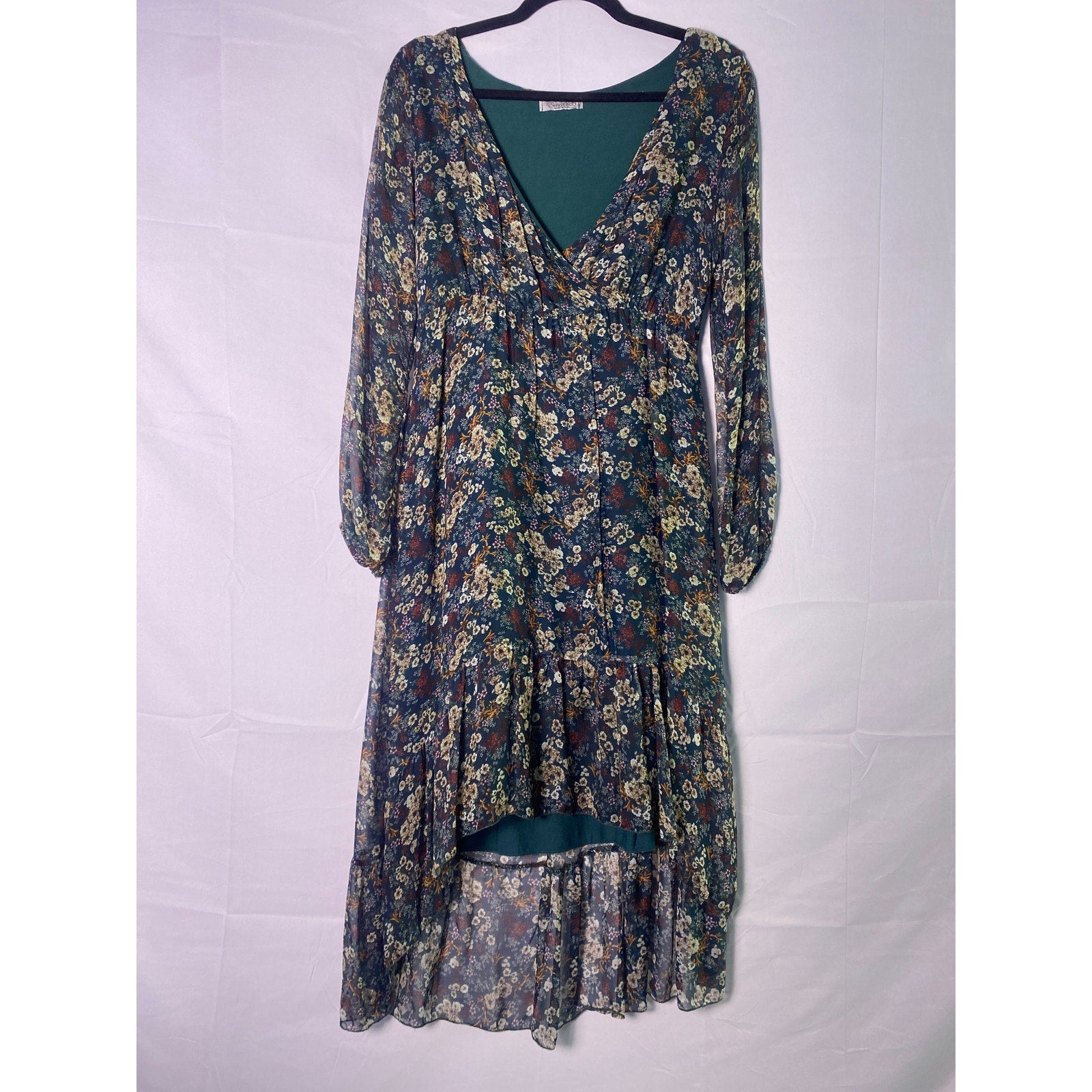 Elena Baldi Silk Blend Green Floral Hi-Low Hem Chiffon Dress Deep V-neck Small