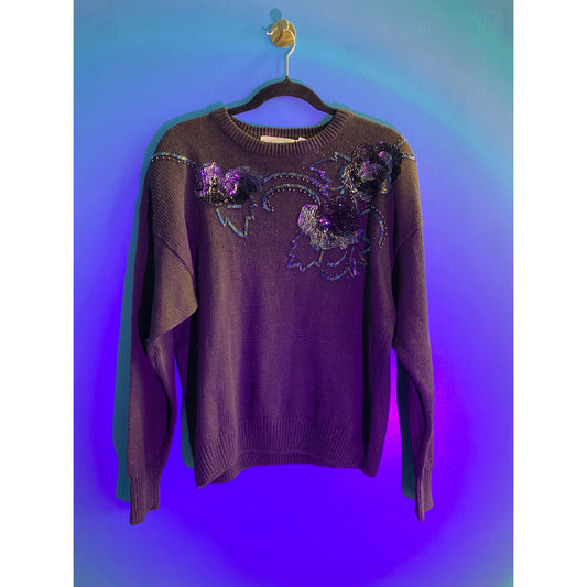 Vintage Sarit Black Floral Beaded Crew Neck Sweater Women's Size Large
