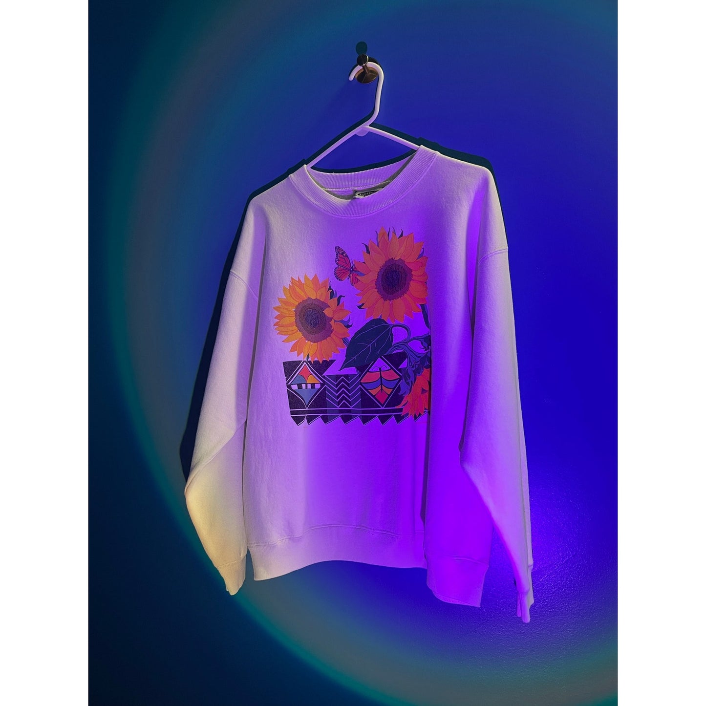 Vintage Sunflower Print White Crew Neck Sweatshirt Women's Size Large