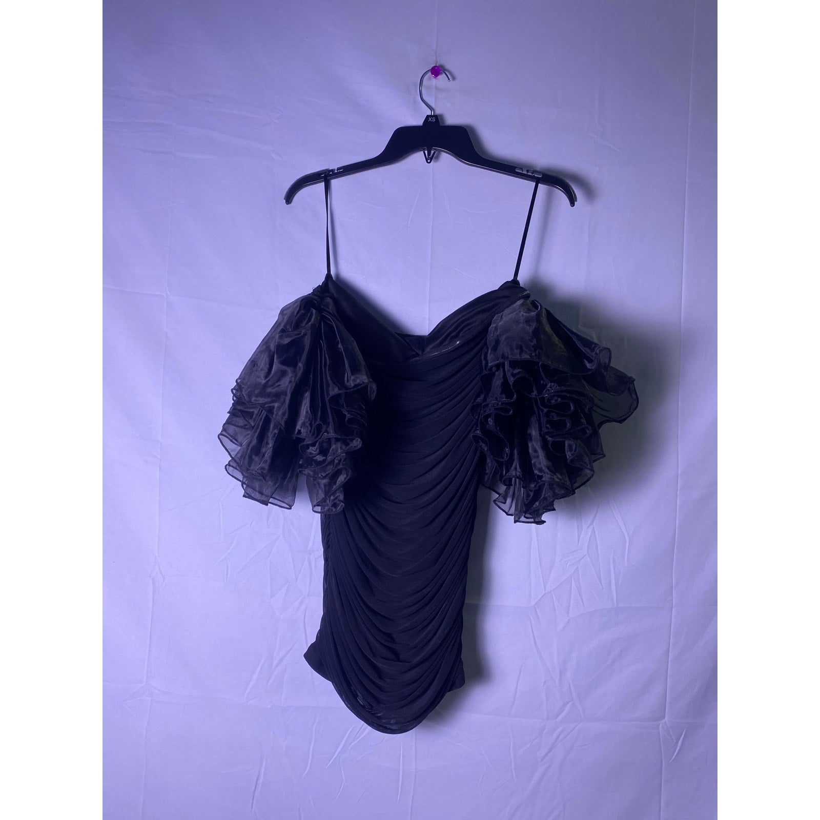 Black Ruched Bodycon Mini Dress with Ruffle Dramatic Sleeves Women's Medium