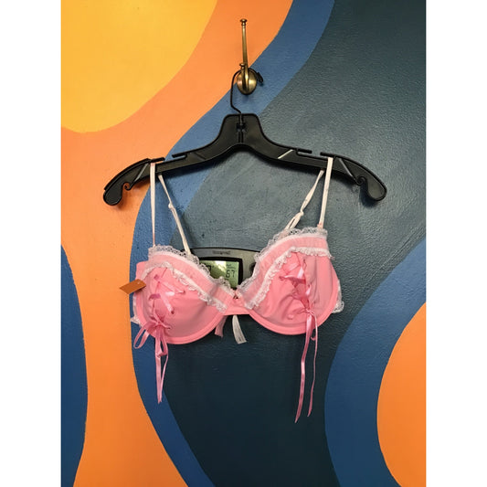 For Love & Lemons Bow Cup Pink Wired Bra w/ White Lace Women's Size 38B