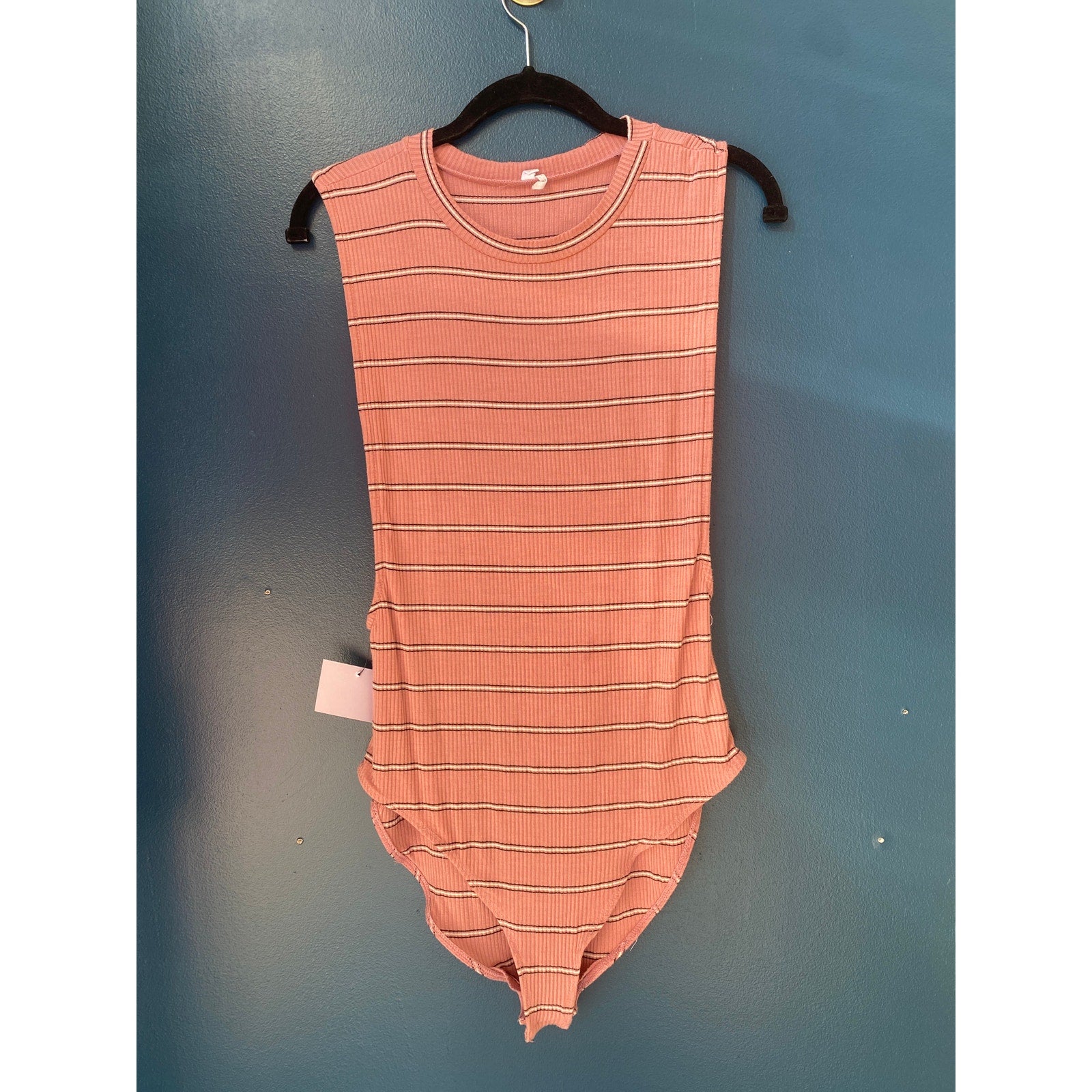 Urban Outfitters Pink White Striped Rib Knit Bodysuit Round Neck Women's Large