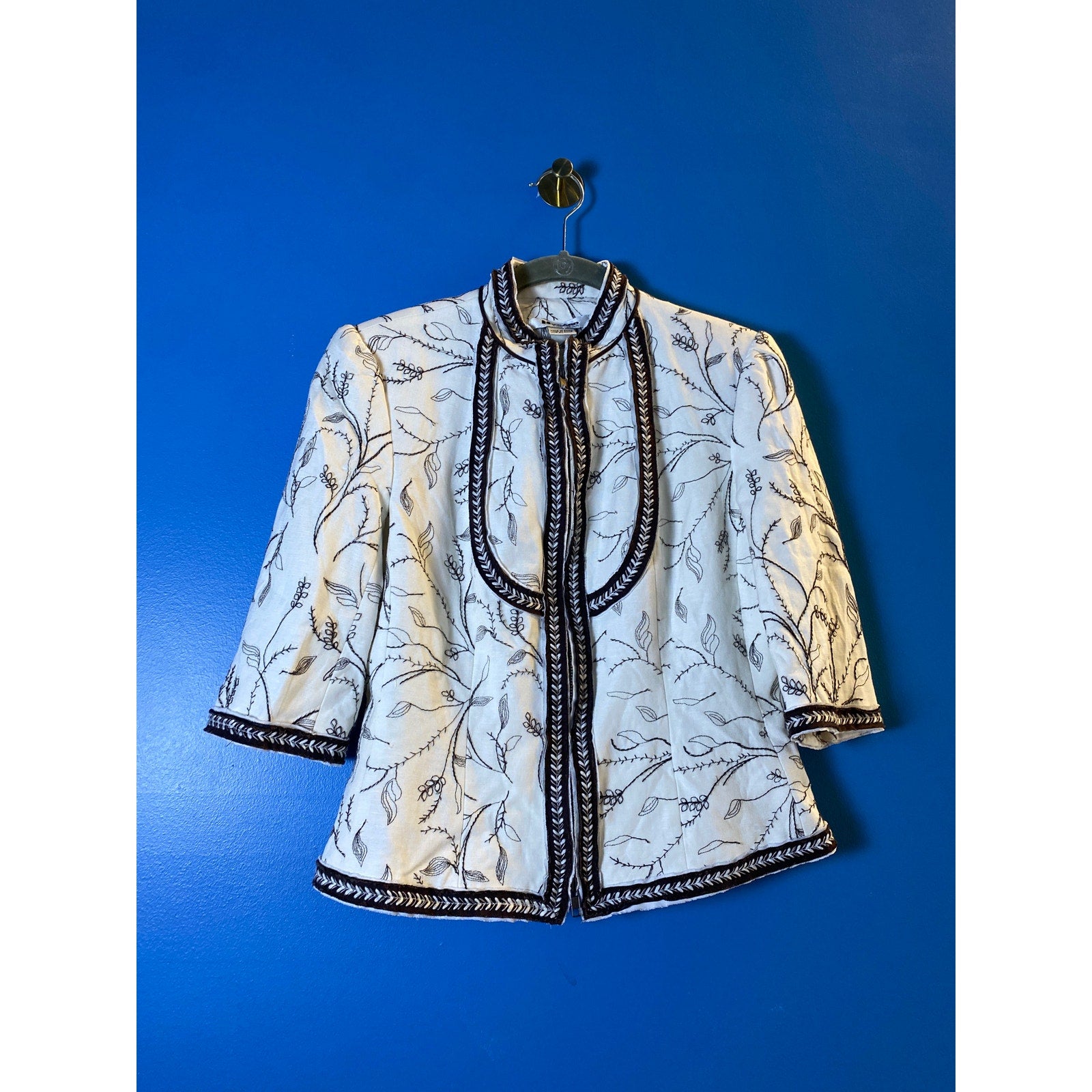 Nygard Collection White Brown Embroidered Full Zip Blazer Jacket Women's Small