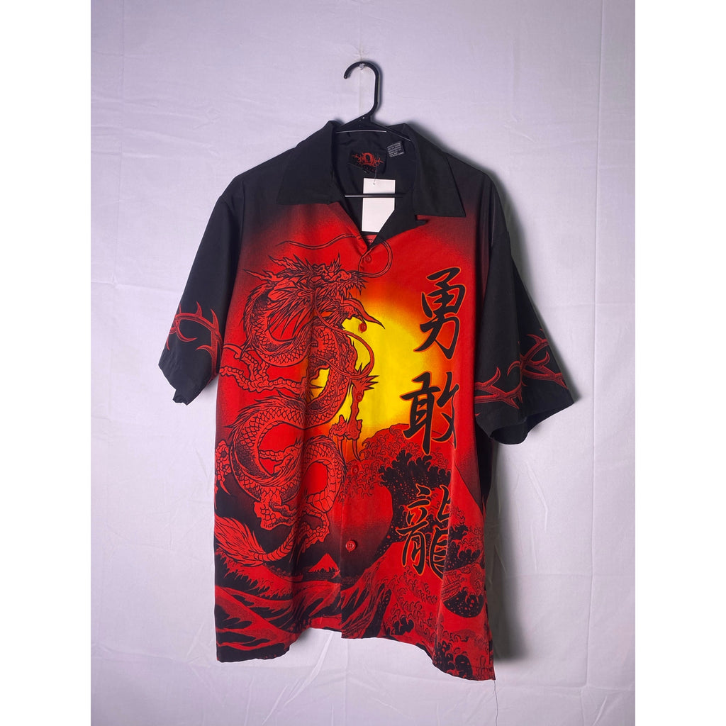 Vintage Y2k Anime Dragon Tribal Camp Button Up Shirt Short Sleeve Men's Large