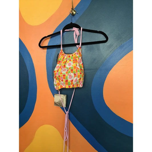 Handmade Halter Crop Top-Vintage 60s Cotton Ainted Groovy Floral + Squares