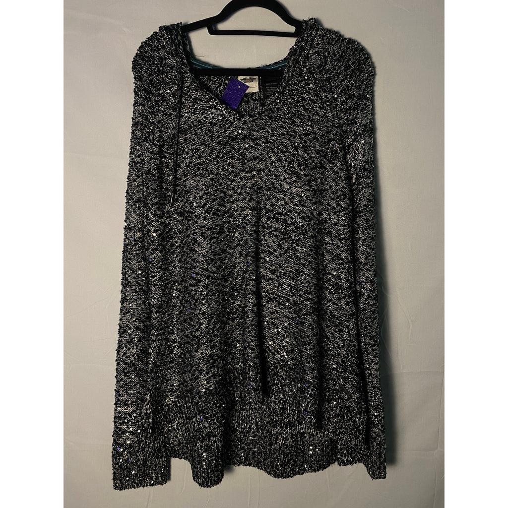 Harley Davidson Black White Sequin Knit Pullover w/ Embroidered Hoodie Women 2XL