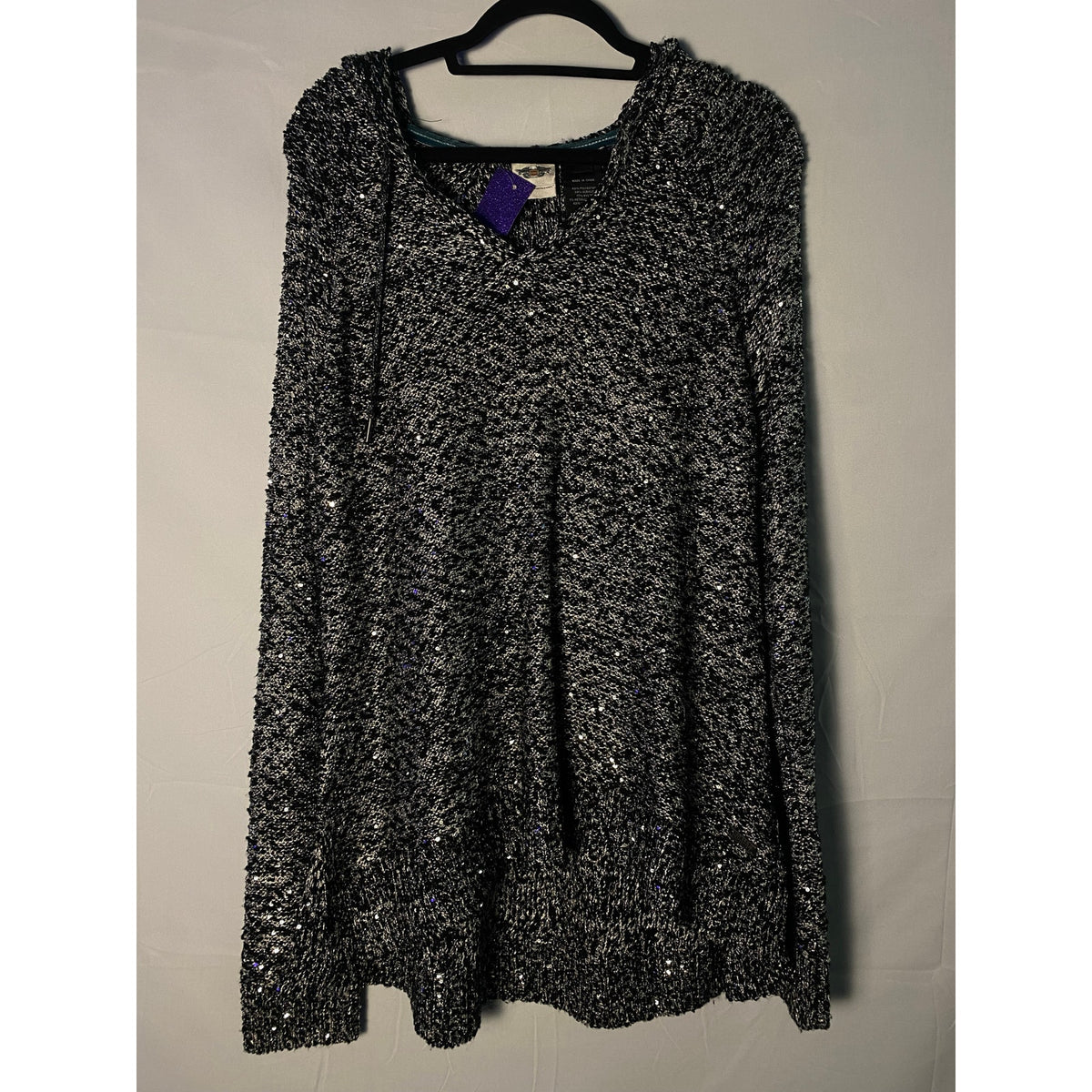 Harley Davidson Black White Sequin Knit Pullover w/ Embroidered Hoodie Women 2XL