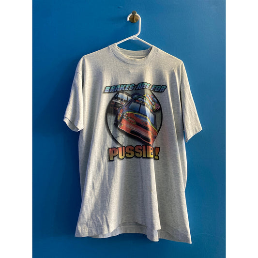 Fruit of the Loom BRAKES ARE FOR PUSSIES! Graphic Print Gray Shirt Men's Size XL