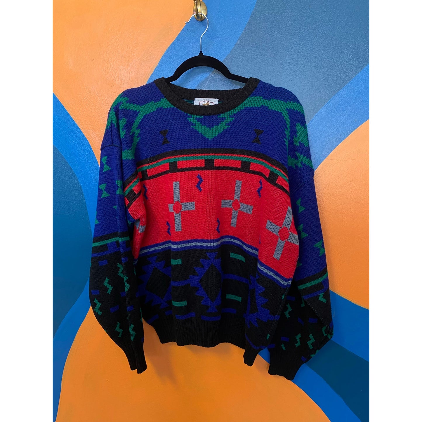 Clear Creek Vintage Red Blue Knit Crew Neck Pullover Sweater Men's Size Large