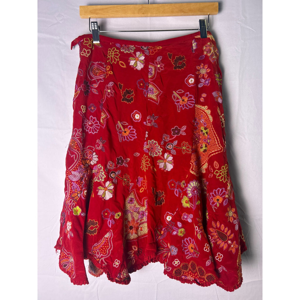 ECI New York Red Embroidered 100% Silk Pleated Flared Hem Skirt Women's Size 12