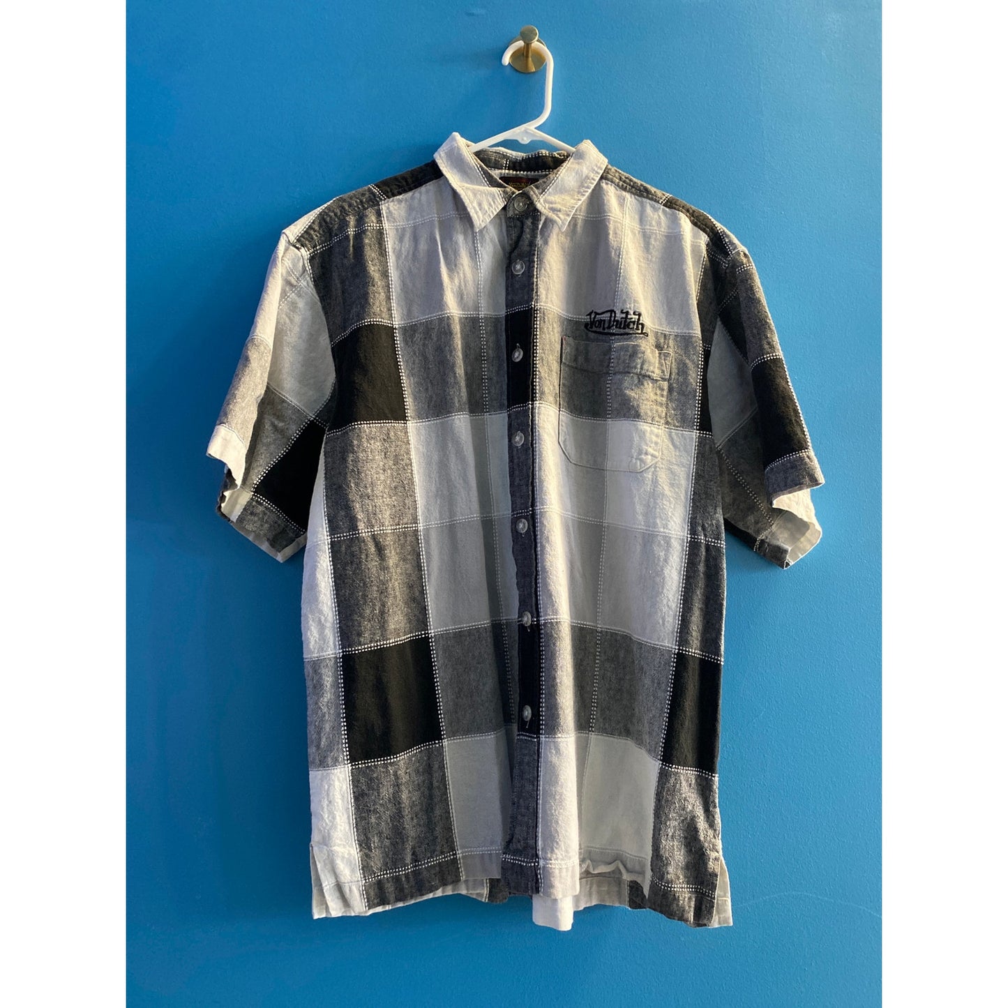 Von Dutch Light Blue Black Plaid Button Up Short Sleeve Shirt Men's Size Large