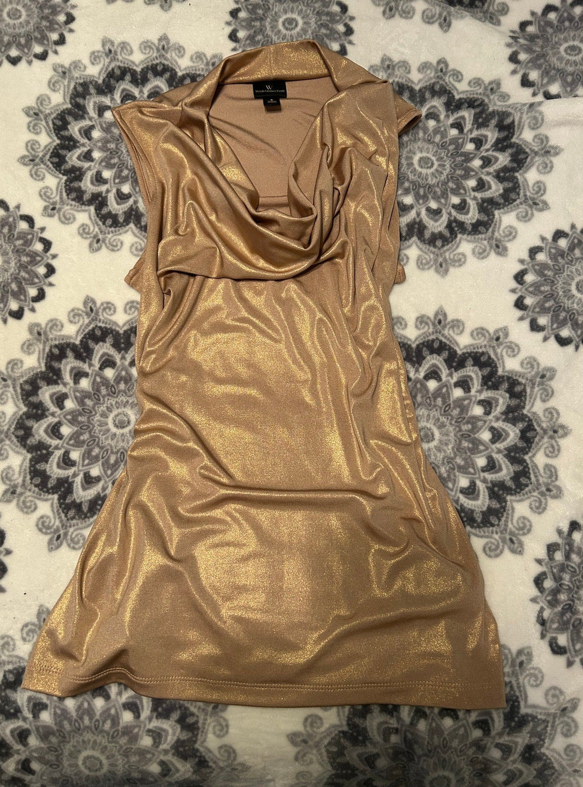 Vintage Worthington Cowl Neck Gold Metallic Nude Sleeveless Top Women's Small