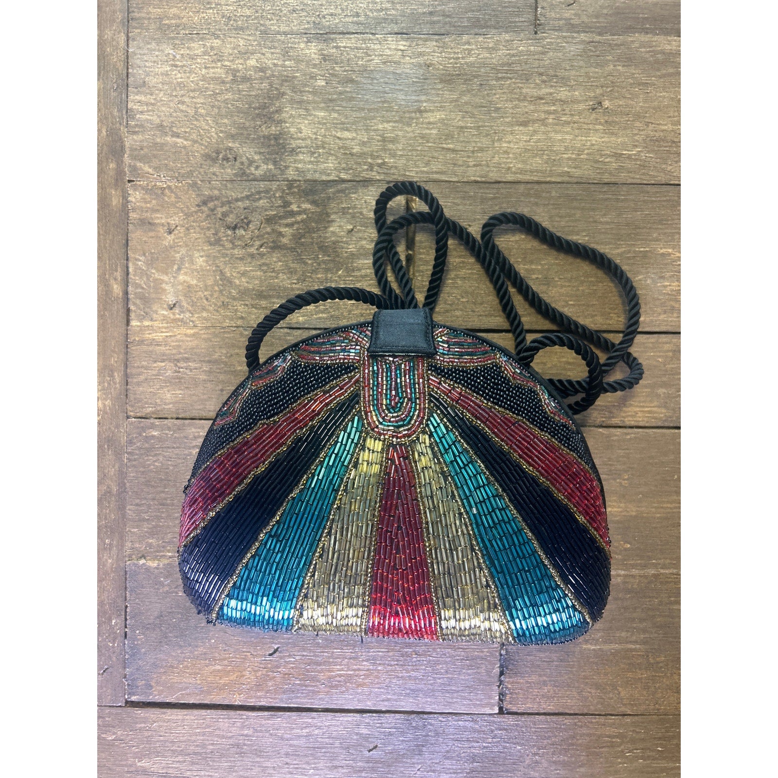 Vintage BOB MACKIE Multicolor Glass Beaded Clutch Evening Shoulder Bag Purse