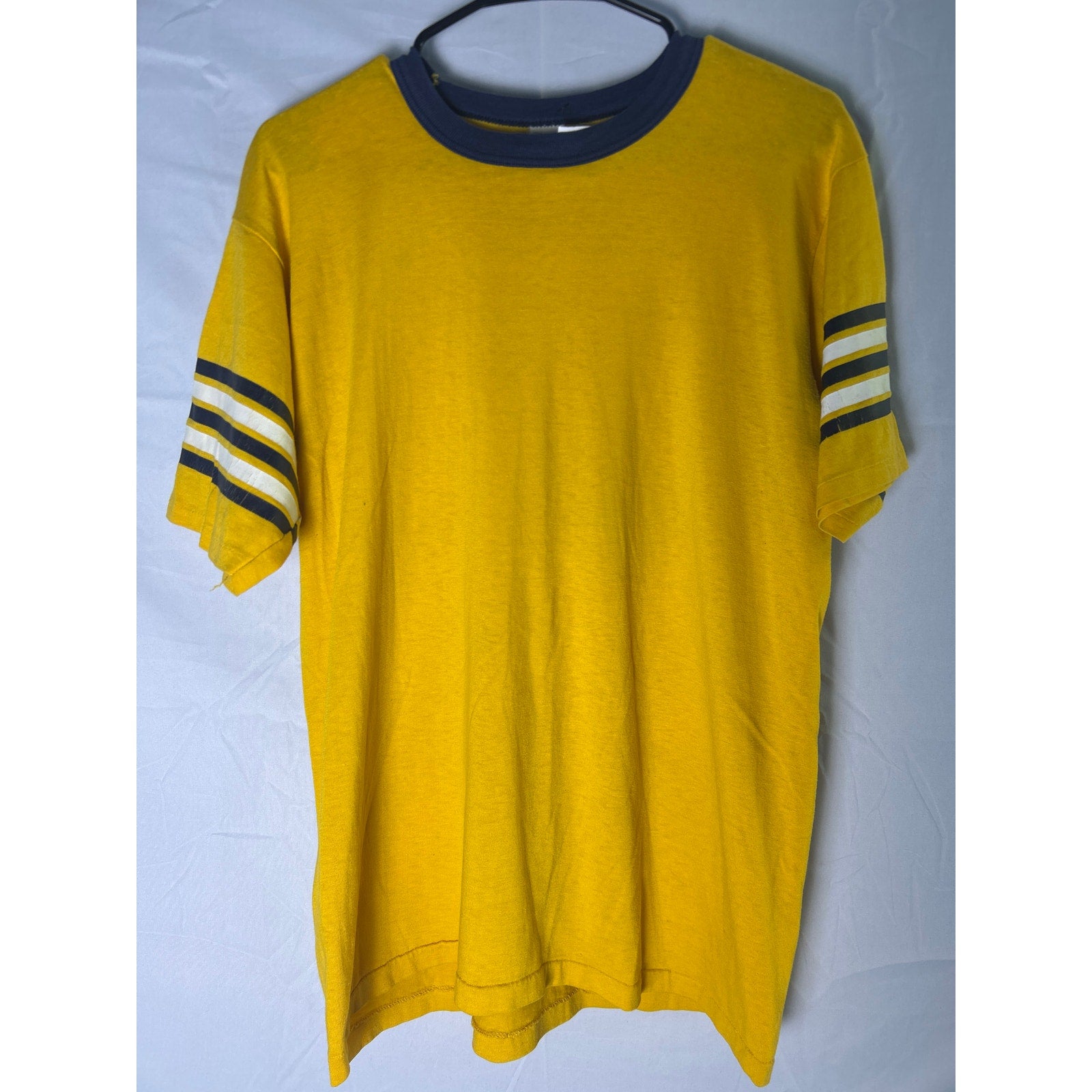 Vintage 80s St John Tigers School Ringer Gym College Yellow Surf Stripe Shirt XL