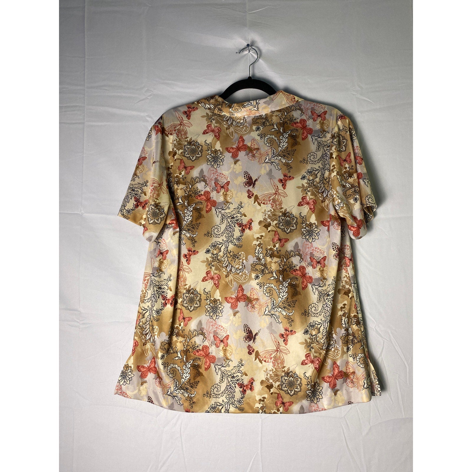 Vintage Sara Morgan Brown Floral Butterfly Polo Blouse Top Women's Size Large