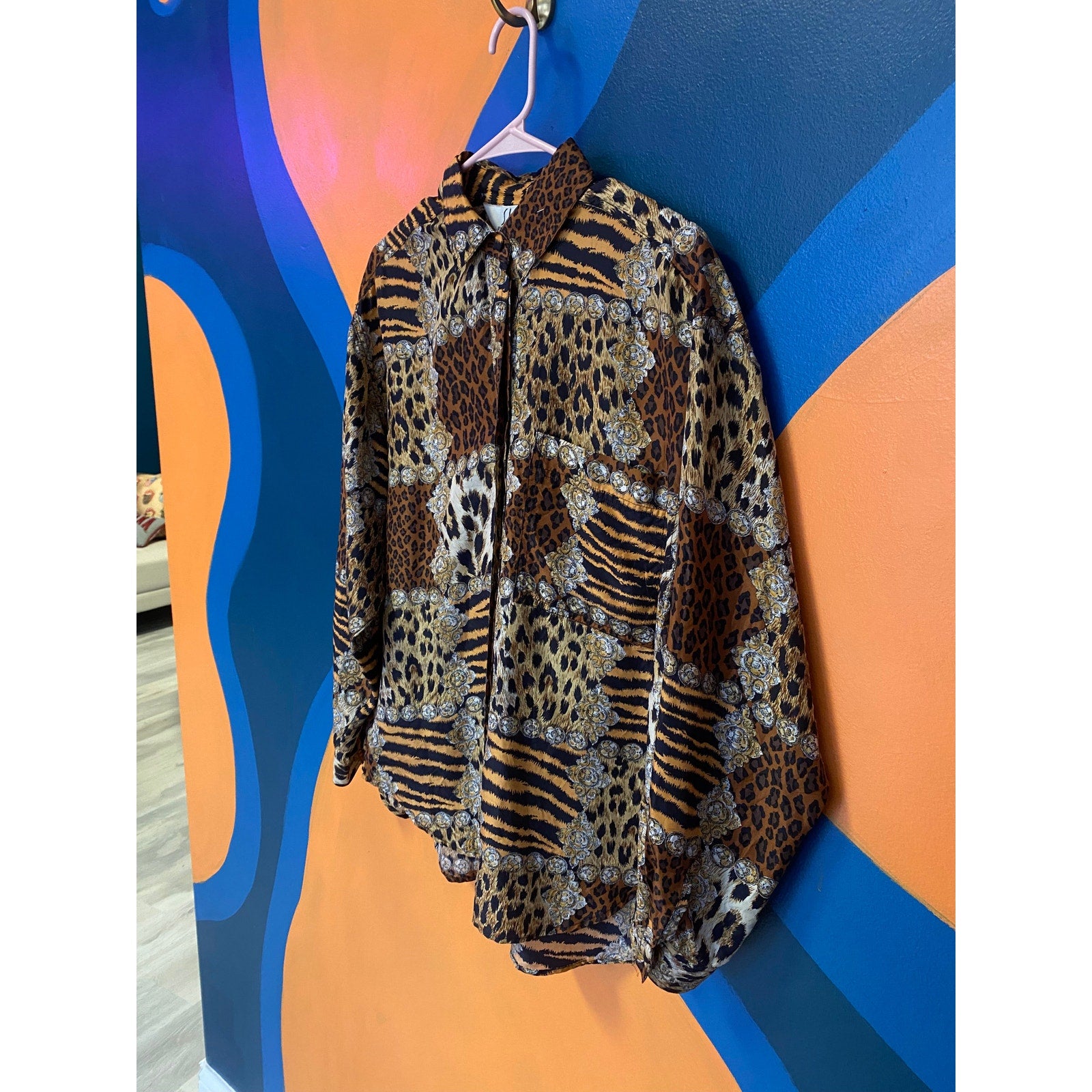 Sunny Leigh Multi Animal Print Button Up Blouse Womens Size Medium-Large