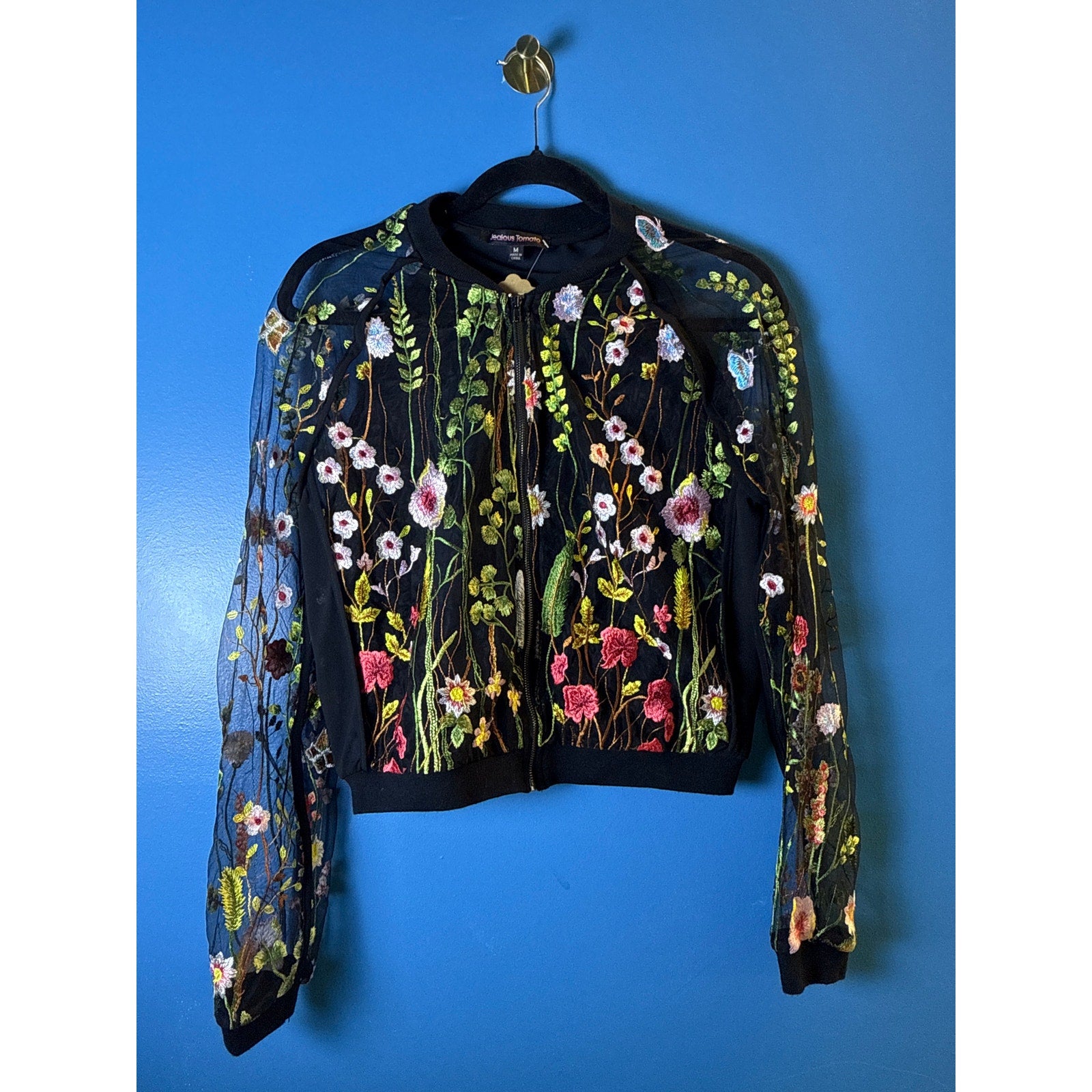 Jealous Tomato Floral Embroidered Sheer Bomber Jacket Black Full Zip Medium