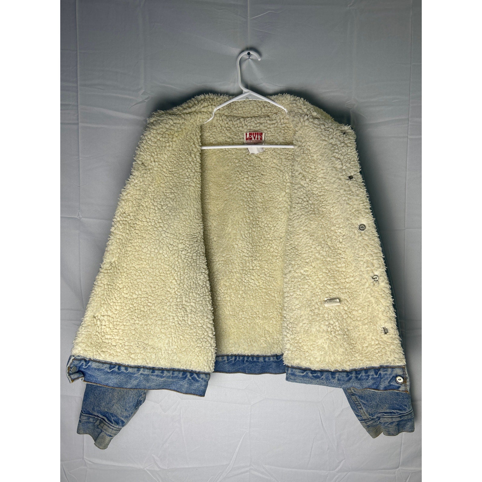 Levi's Blue Denim Button Snap Sherpa Lined Jacket Pockets Retro Men's Size 46R