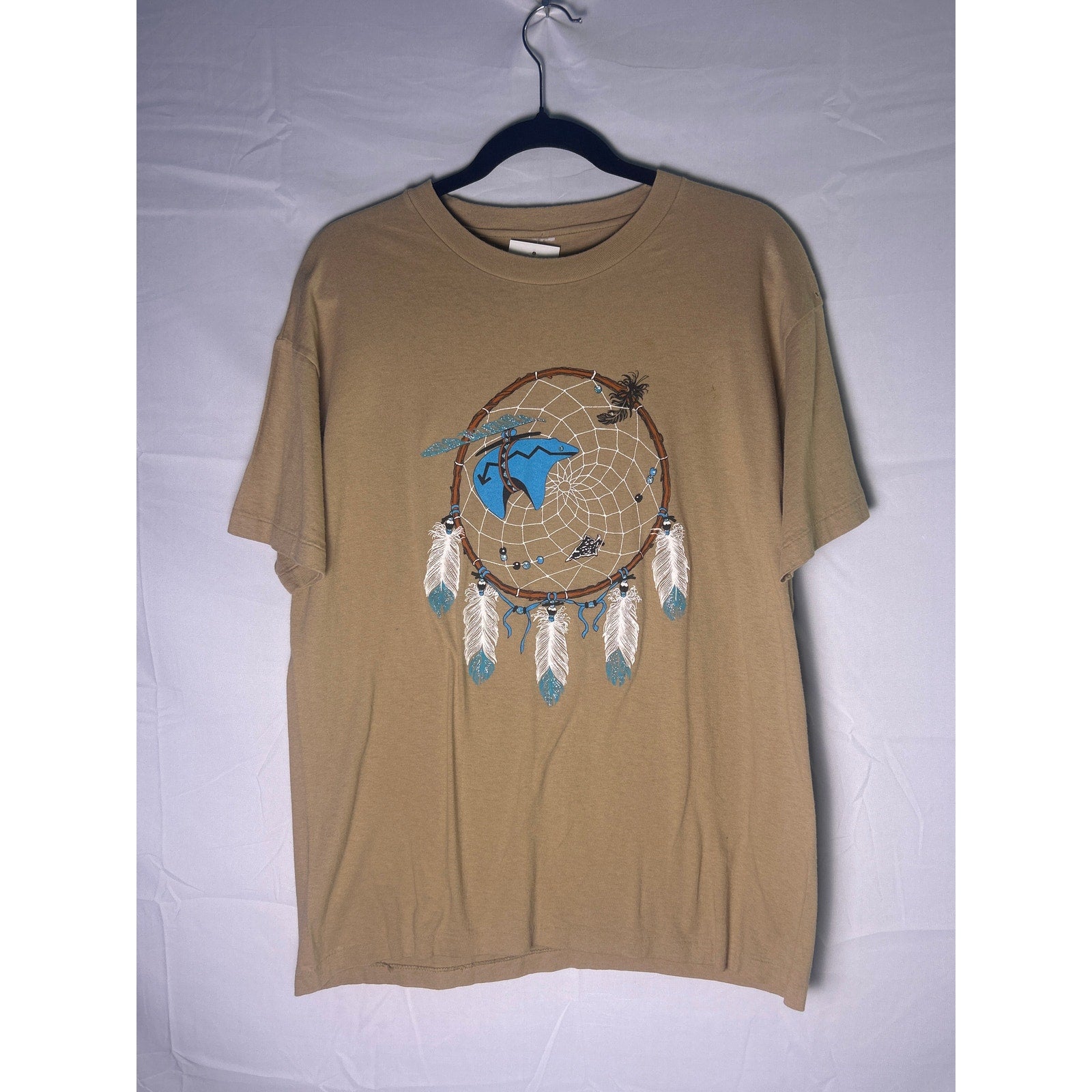 Vintage 90s Sparkle Dream Catcher Blue Bear Native Tan T-shirt Single Stitch M/L