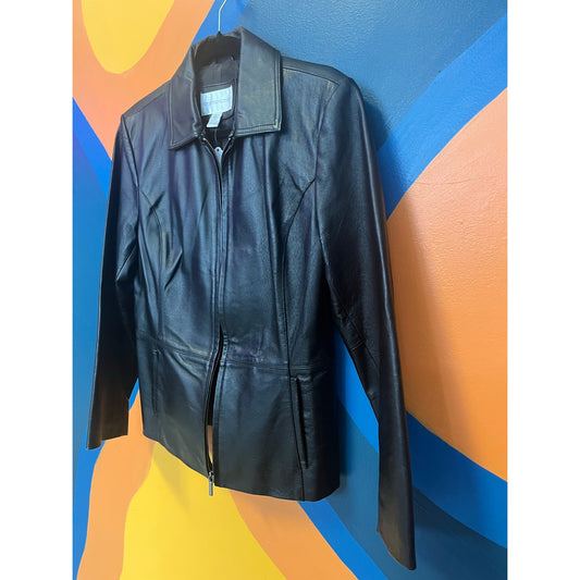 Worthington Black Leather Full Zip Moto Jacket Front Pockets Women's Size Small