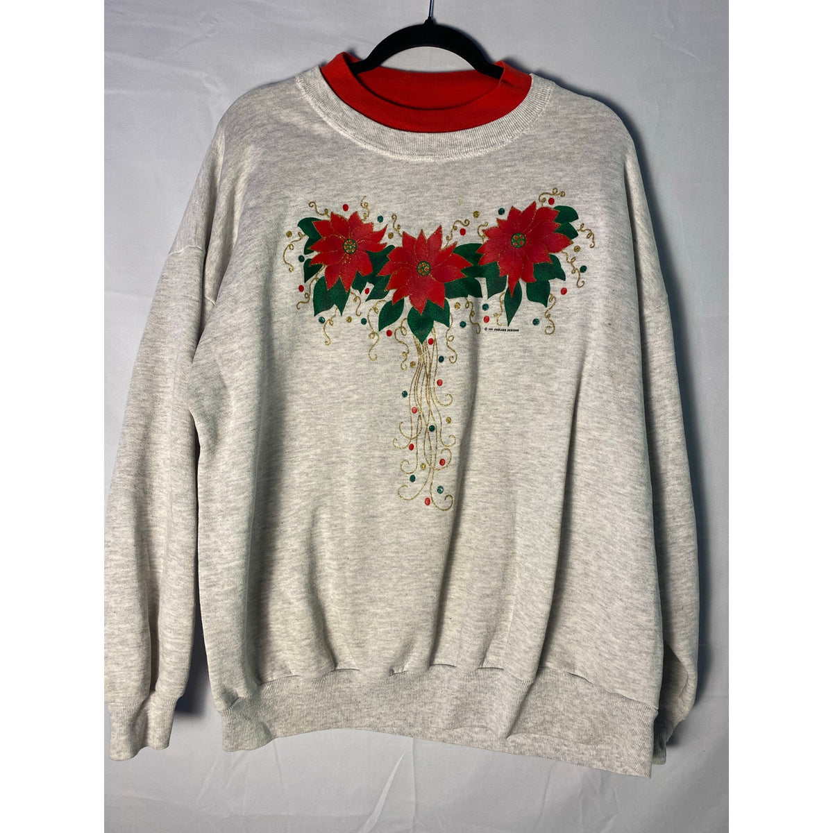 Vintage Jerzees Poinsettia Print Red Gray Green Pullover Crewneck Sweater 2XL