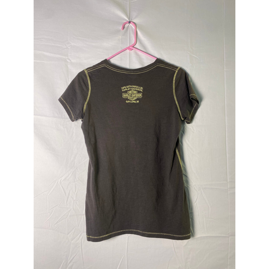 Harley Davidson Embroidered Gaylord, MI Black V-neck Shirt Women's Size Medium