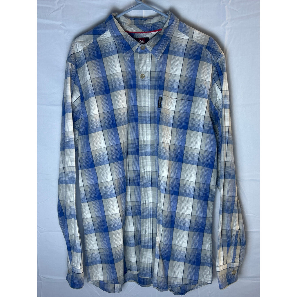 Quiksilver Blue White Plaid Button Up Long Sleeve w/ Pockets Shirt Men's Size XL