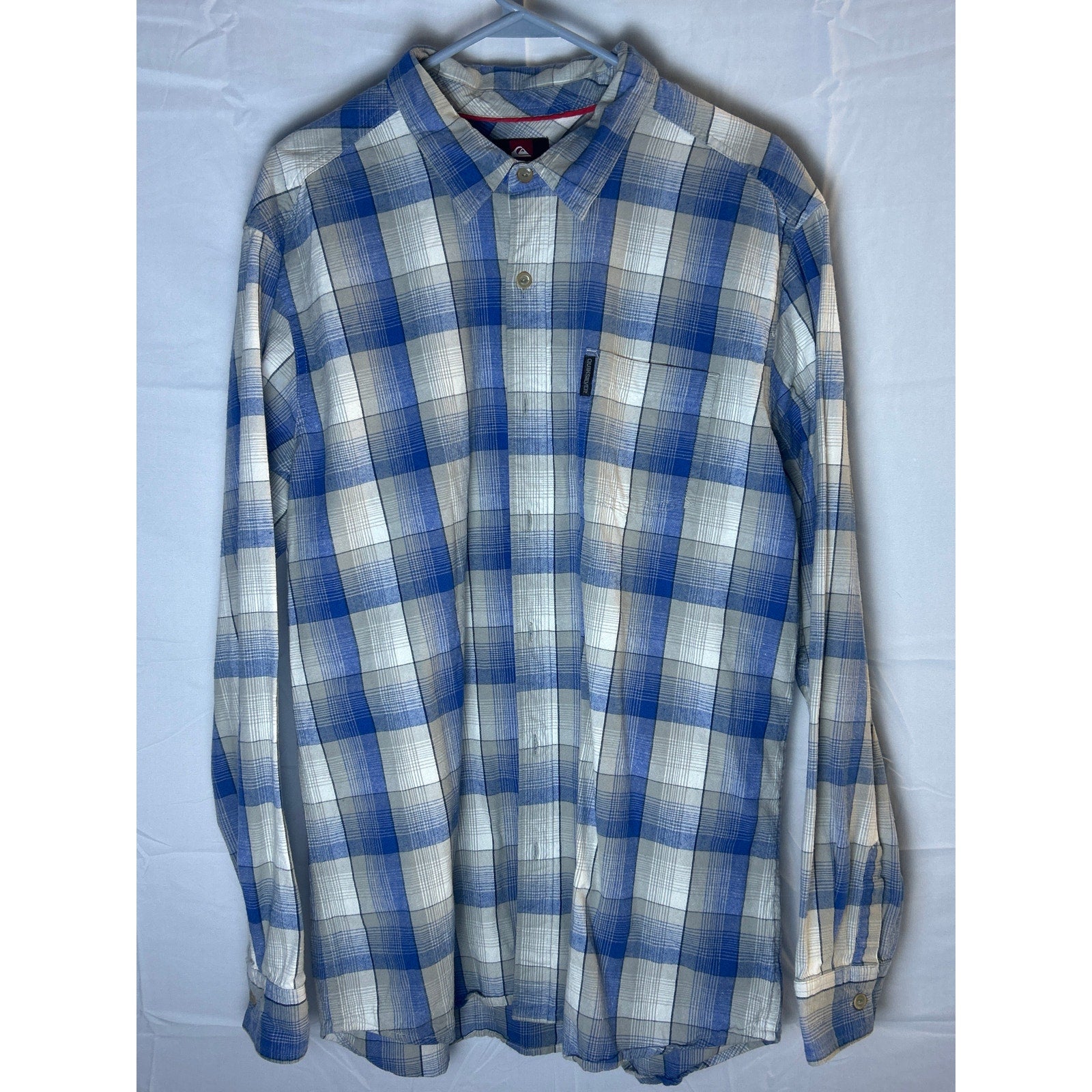 Quiksilver Blue White Plaid Button Up Long Sleeve w/ Pockets Shirt Men's Size XL