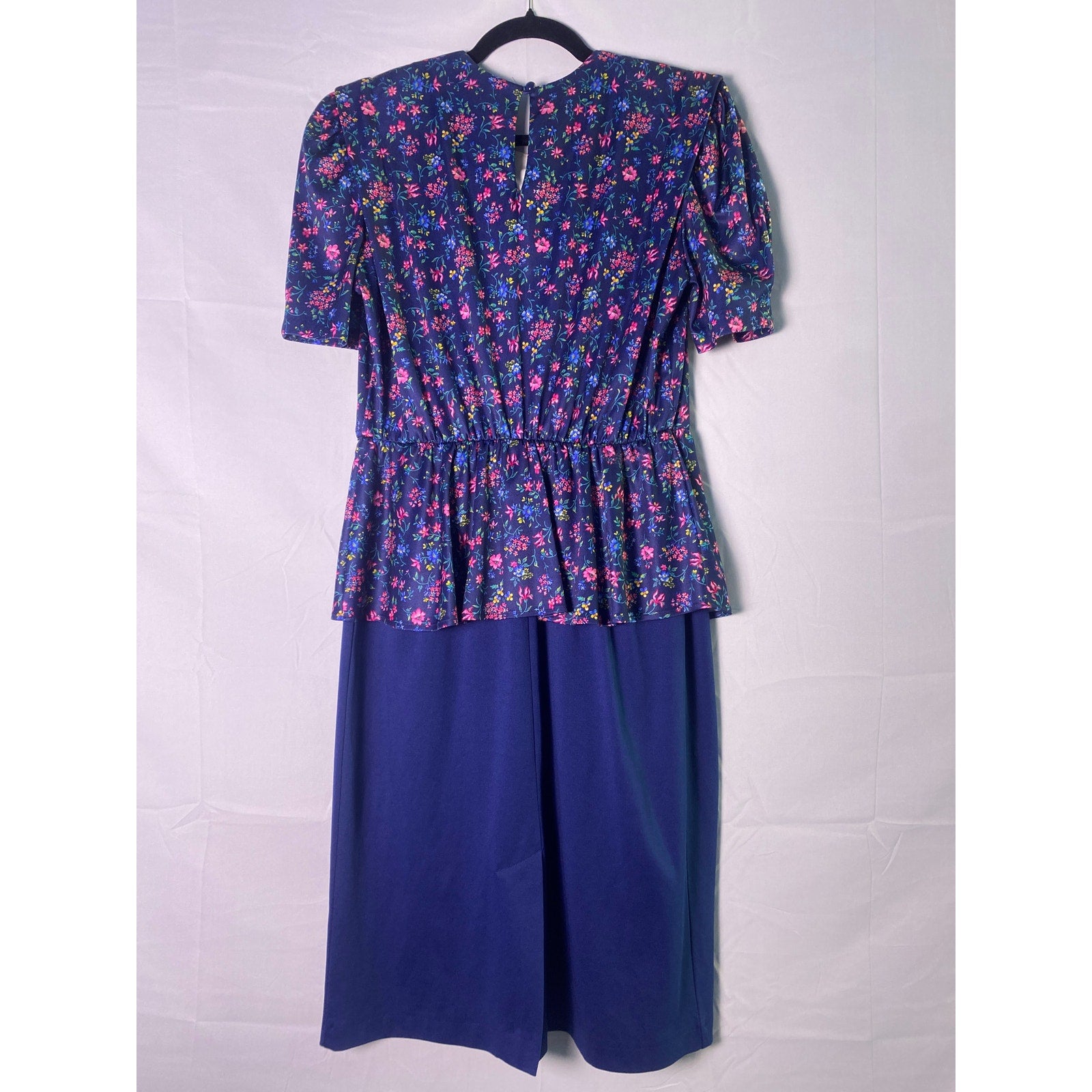 VINTAGE 80's Jenny Navy Blue Floral Puff Sleeves Peplum Dress Women's Plus 16W