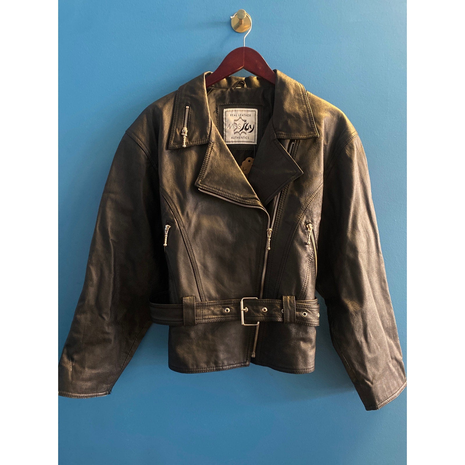 Miss Joy Black Leather Full Zip Moto Biker Jacket w/ Belted Waist Women's Large