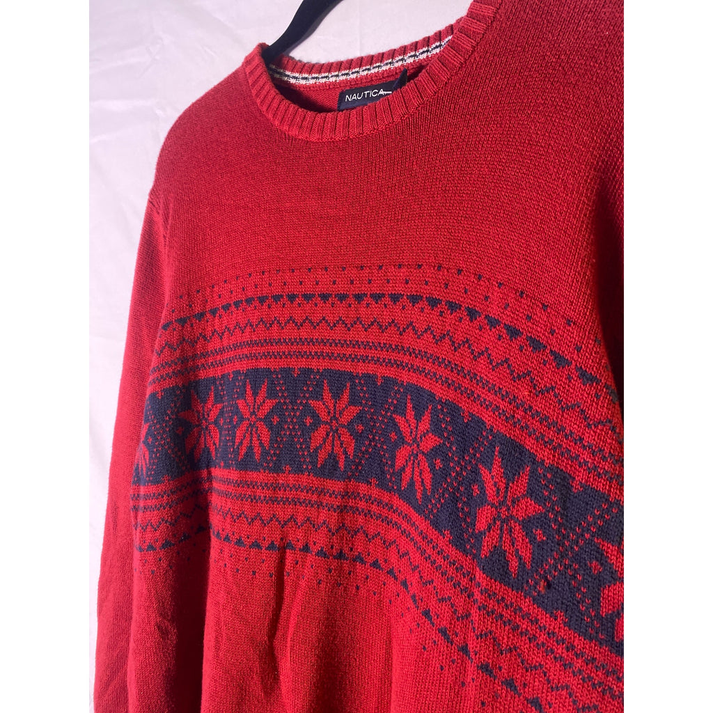 Vintage 90s Nautica Red Chunky Cotton Christmas Snowflakes Sweater Mens Large