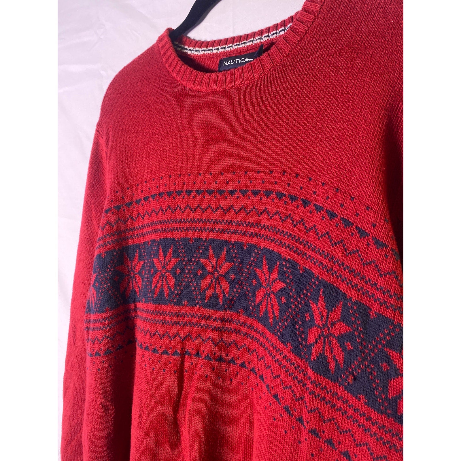 Vintage 90s Nautica Red Chunky Cotton Christmas Snowflakes Sweater Mens Large