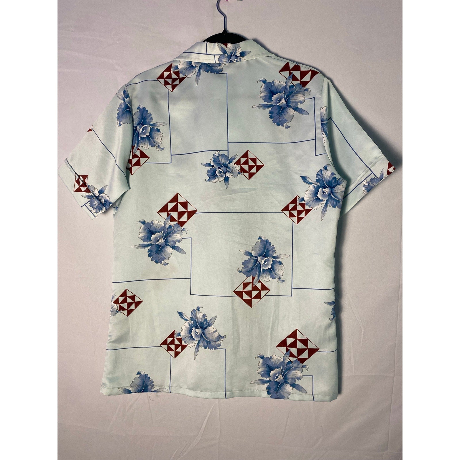 70s Mr Jan Blue Floral Hawaiian Style Button Down Shirt Silk Blend Men's Medium