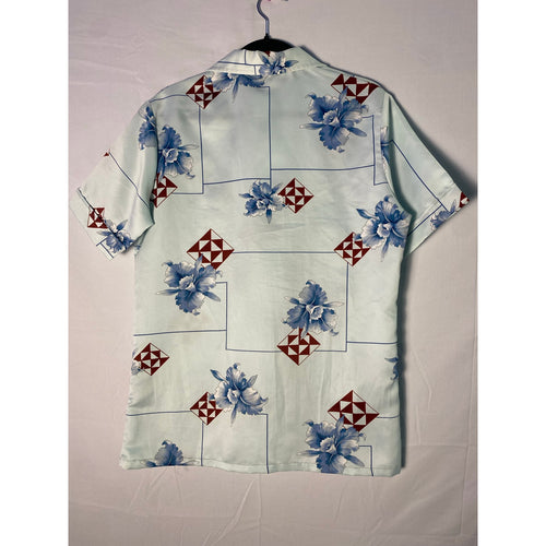 70s Mr Jan Blue Floral Hawaiian Style Button Down Shirt Silk Blend Men's Medium