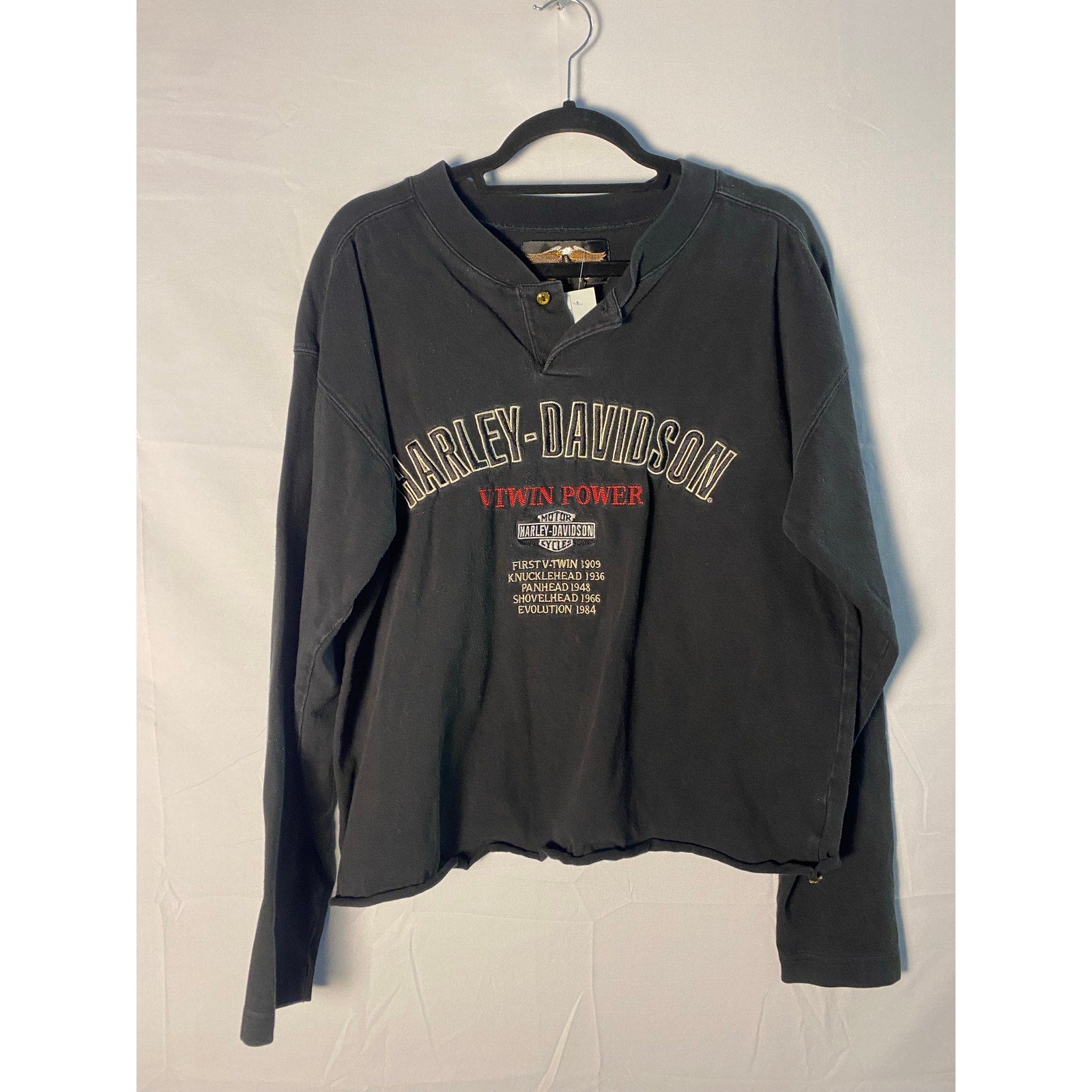 Harley Davidson Black Long Sleeve Shirt V-TWIN POWER Embroidered Men's Large CUT-OFF