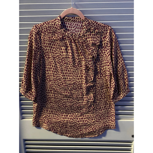 100% Silk Leaf Print Designer Sample Long Sleeve Blouse Women's Fits Medium