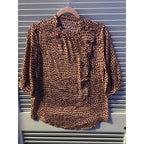 100% Silk Leaf Print Designer Sample Long Sleeve Blouse Women's Fits Medium