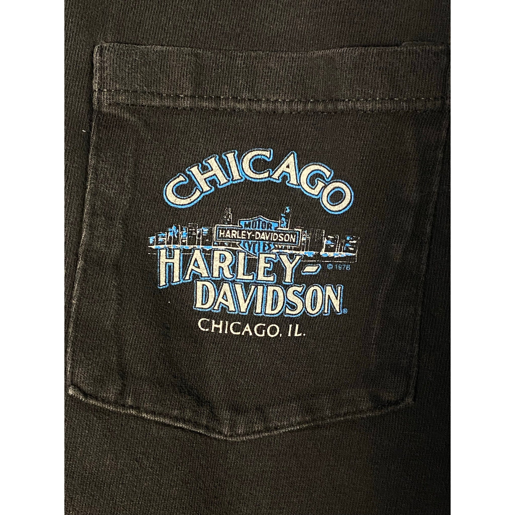 Harley Davidson Chicago, IL Graphic Print Pocket Tee Black Shirt Men's Size XL