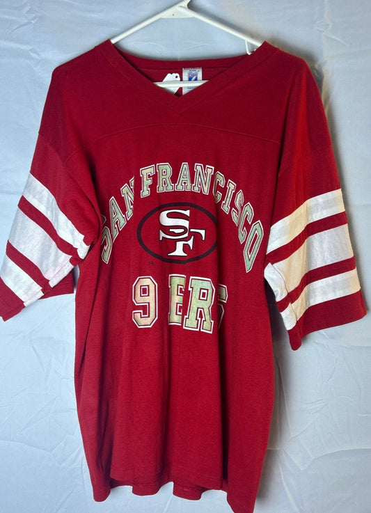 Logo 7 SF San Francisco 49ERS Red White V-neck Shirt Men's Size Large
