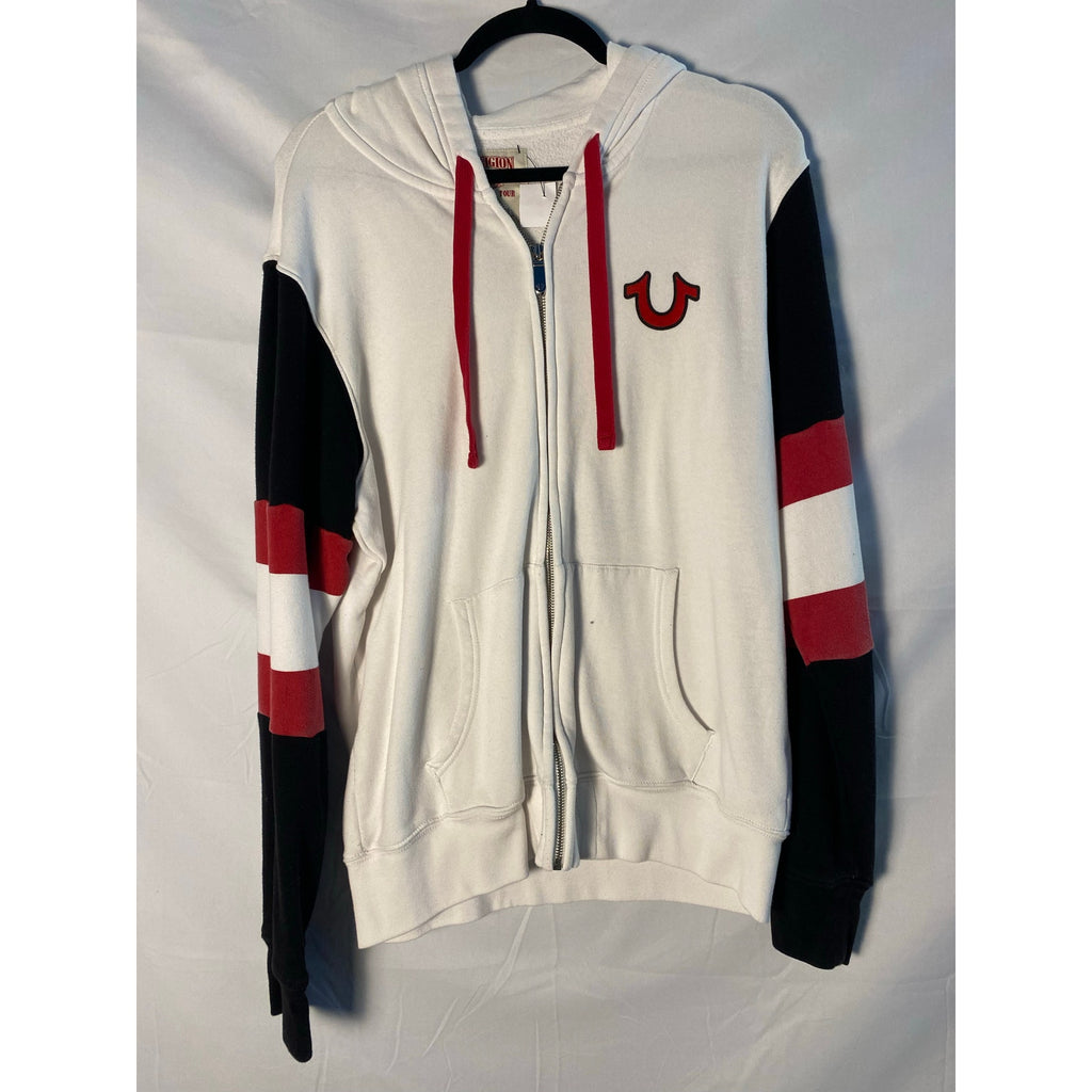 True Religion White Black Stripe Sleeves BUDDHA Print Full Zip Hoodie Logo Large