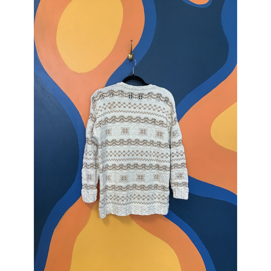 Lizsport Retro Cream Tan Snowflake Open Knit Pullover Sweater w/ Sequins Medium